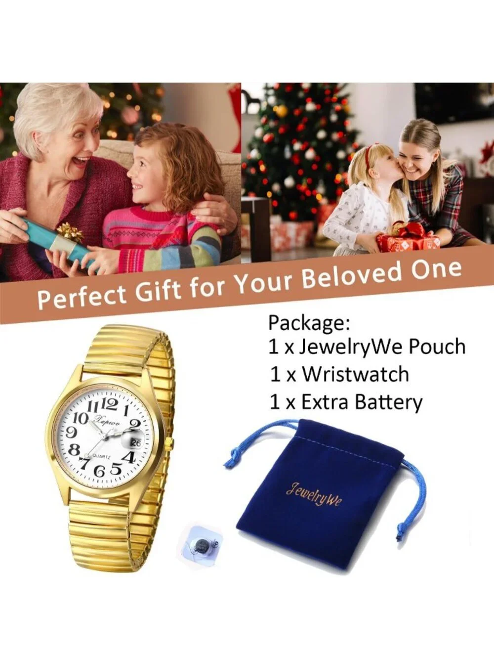 Womens Gold Analog Quartz Luminous Easy Reader Stretch Band Calendar Wrist Watch